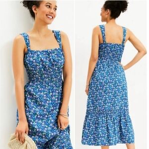 LOFT Shirred Blue Floral Flounce Maxi Dress. Size-XS Petites